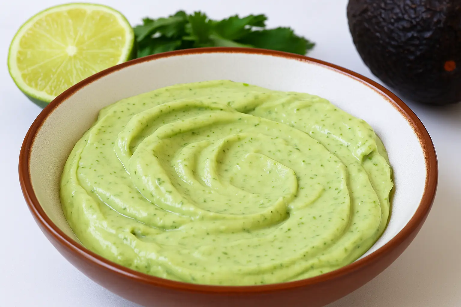 A bowl of creamy avocado crema with lime and cilantro in the background.
