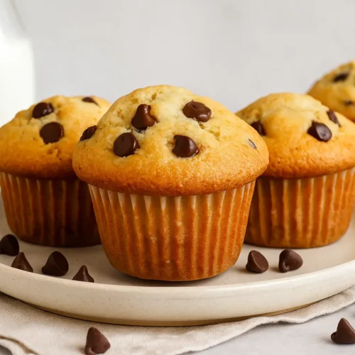 Freshly baked chocolate chip muffins on a plate with scattered chocolate chips and a bottle of milk in the background.