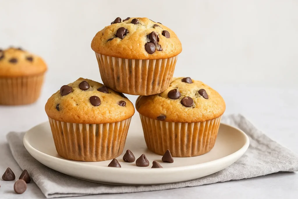 Freshly baked chocolate chip muffins stacked on a white plate, topped with melted chocolate chips.
