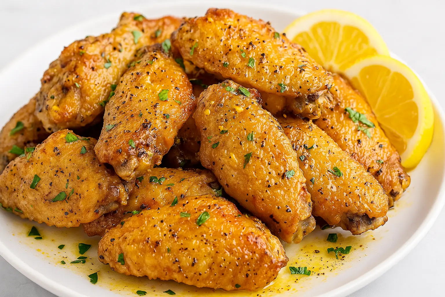 Close-up of crispy lemon pepper chicken wings on a white plate, garnished with chopped herbs and lemon slices.