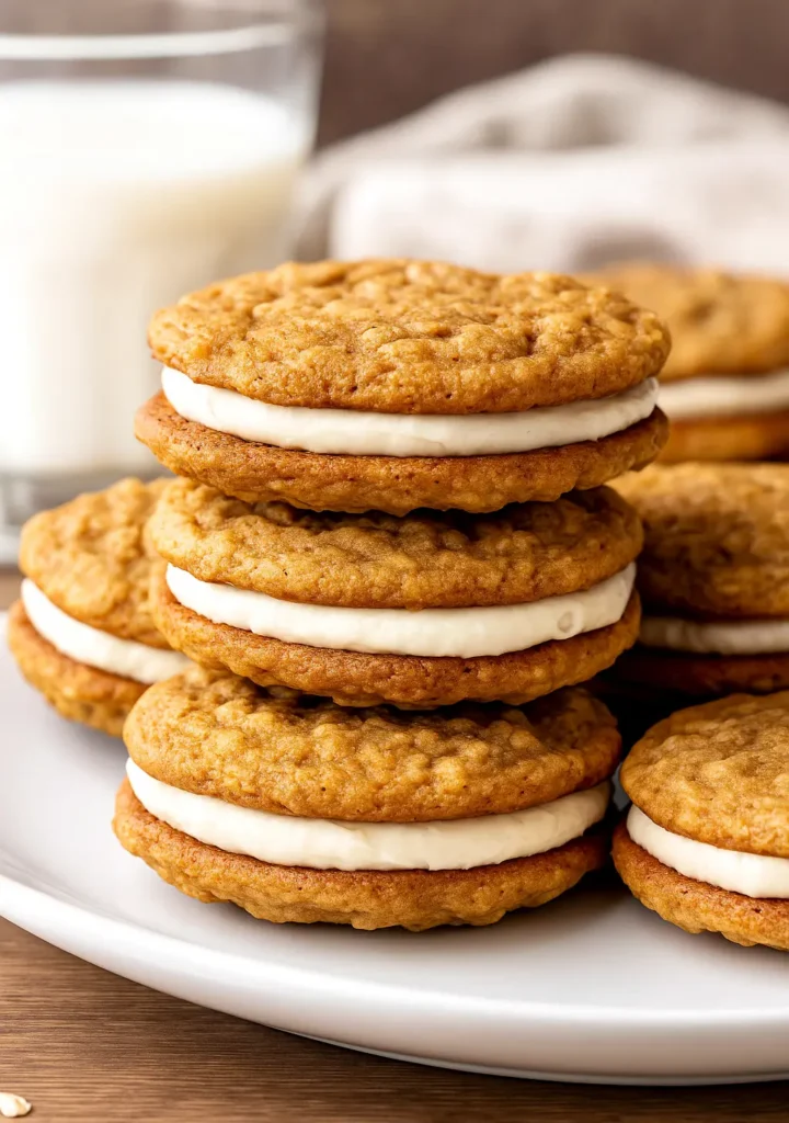 Stack of homemade oatmeal cream pies on a white plate with a glass of milk in the background.