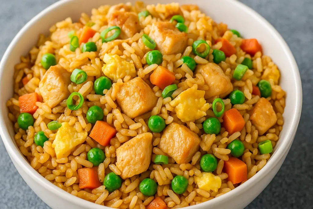 Close-up of a white bowl filled with chicken fried rice, featuring golden rice, green peas, diced carrots, scrambled egg, and juicy chicken chunks.