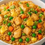 Close-up of a white bowl filled with chicken fried rice, featuring golden rice, green peas, diced carrots, scrambled egg, and juicy chicken chunks.