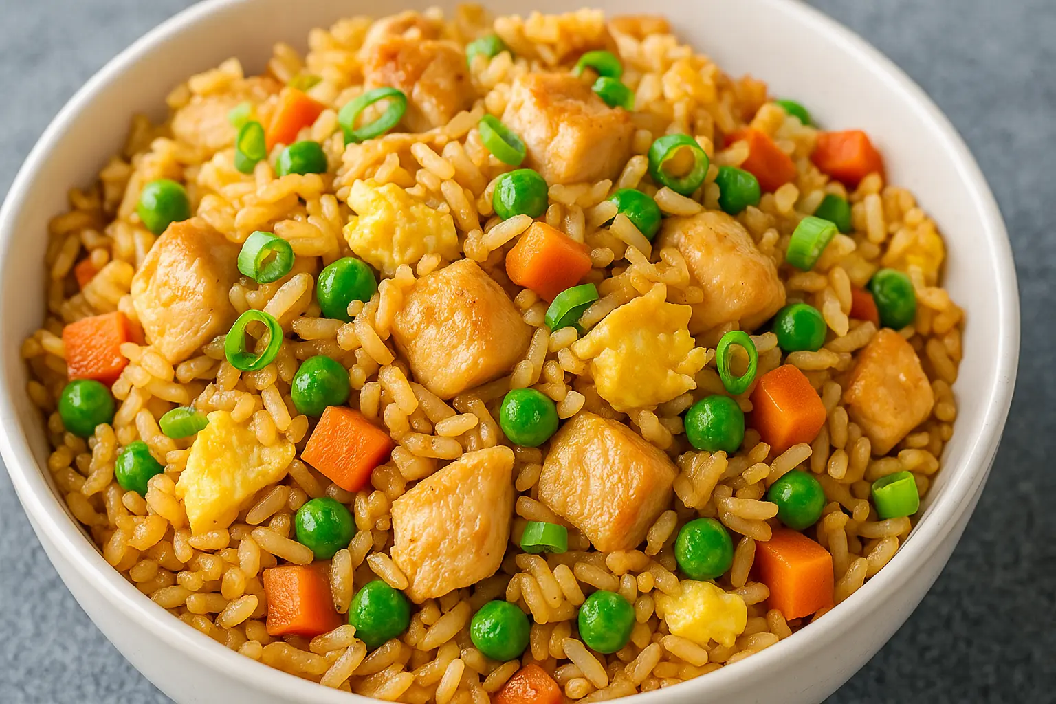 Close-up of a white bowl filled with chicken fried rice, featuring golden rice, green peas, diced carrots, scrambled egg, and juicy chicken chunks.