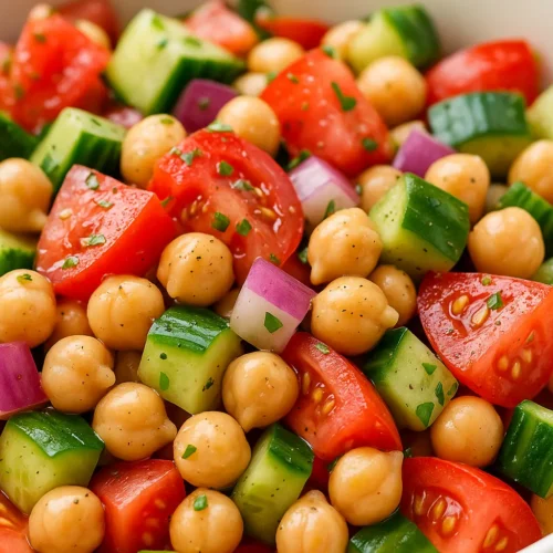 Bowl of chickpea salad with diced cucumber, cherry tomatoes, and red onion in a light vinaigrette