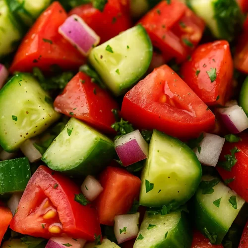 Close-up of cucumber tomato salad with red onions and chopped herbs, tossed in a light dressing.