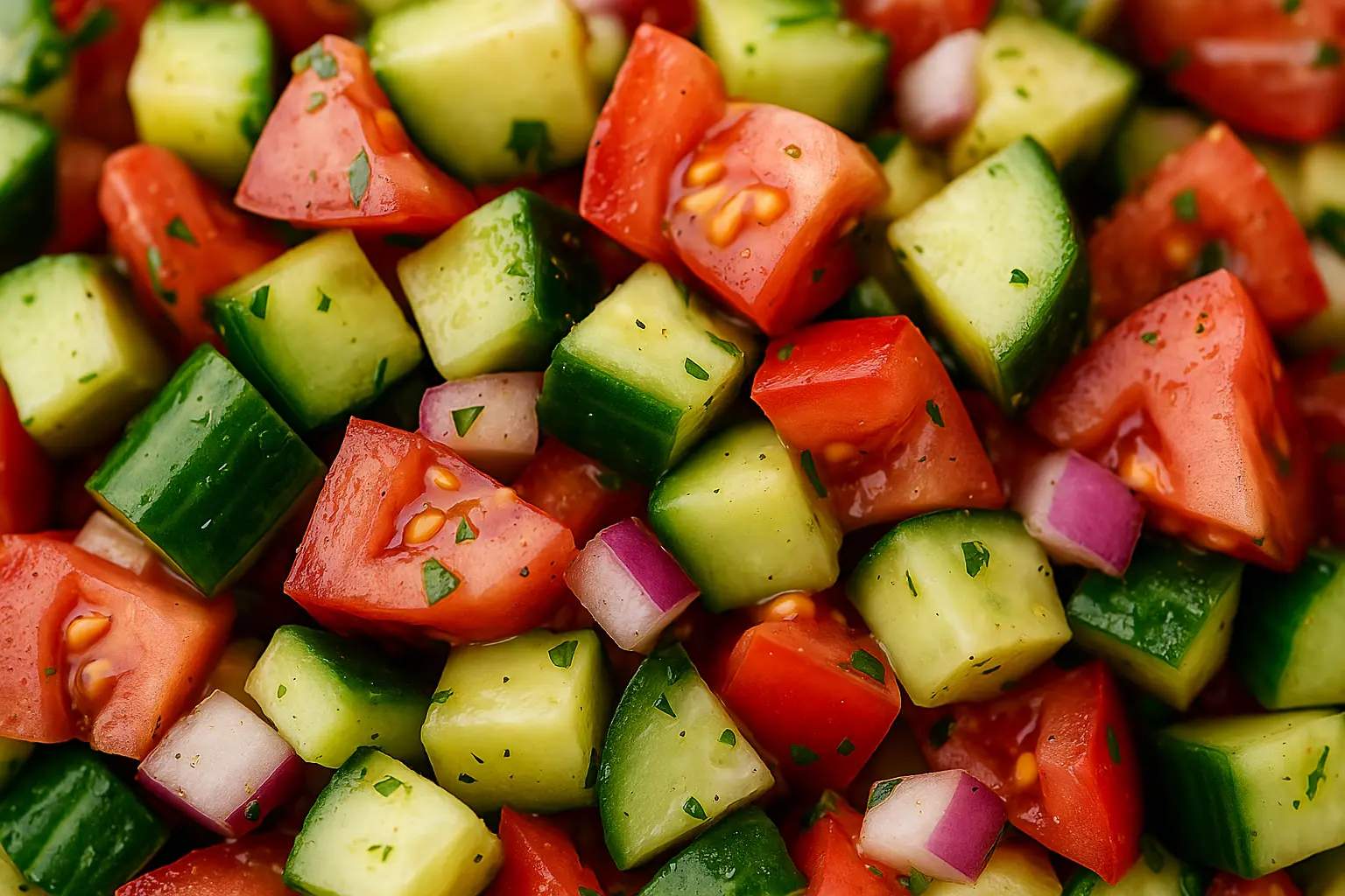 Close-up of chopped cucumber, tomato, and red onion salad garnished with fresh parsley.