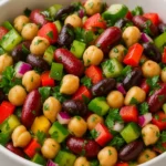 Close-up of a colorful dense bean salad with chickpeas, kidney beans, black beans, red and green bell peppers, red onion, and parsley in a white bowl.