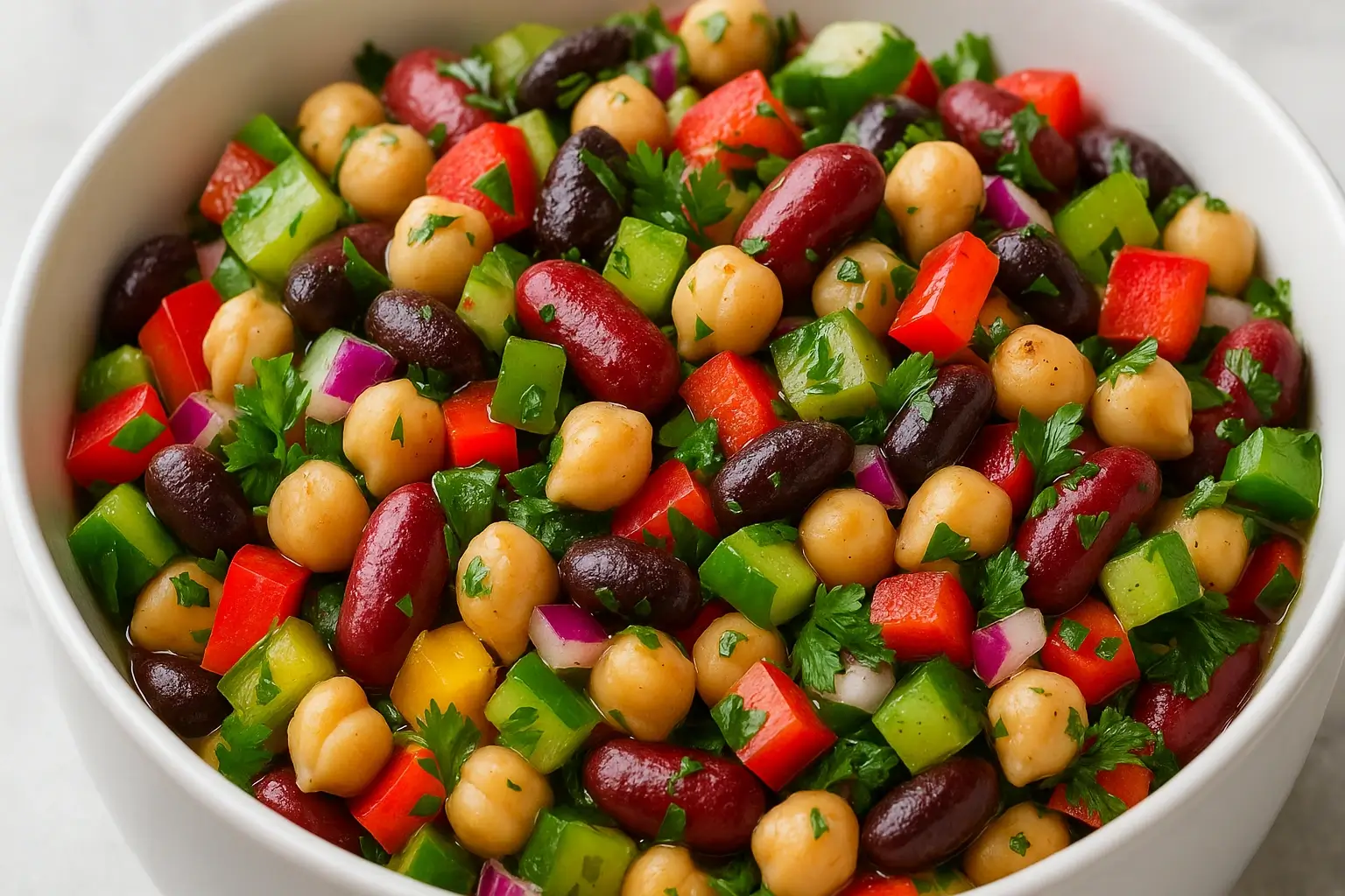 Close-up of a colorful dense bean salad with chickpeas, kidney beans, black beans, red and green bell peppers, red onion, and parsley in a white bowl.