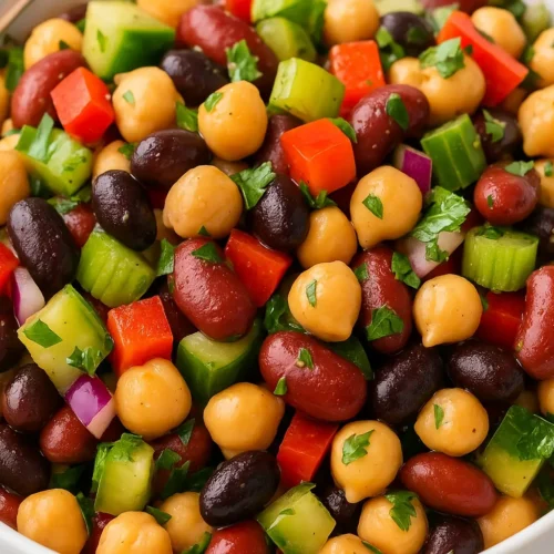Close-up of dense bean salad with chickpeas, kidney beans, black beans, celery, bell peppers, red onion, and fresh parsley in a white serving bowl.
