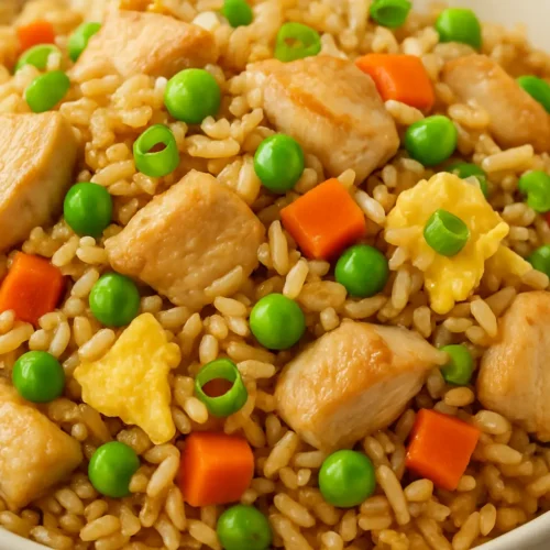 Extreme close-up of chicken fried rice with diced chicken, carrots, green peas, scrambled egg, and green onions in a white bowl.