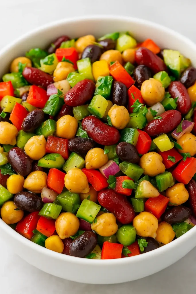 Bowl of vibrant dense bean salad made with chickpeas, kidney beans, black beans, bell peppers, celery, cucumber, red onion, and parsley.