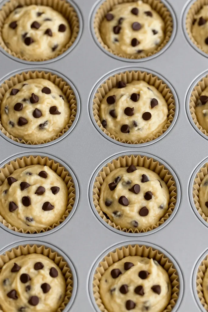 Unbaked chocolate chip muffin batter scooped into paper liners in a muffin pan, ready to bake.