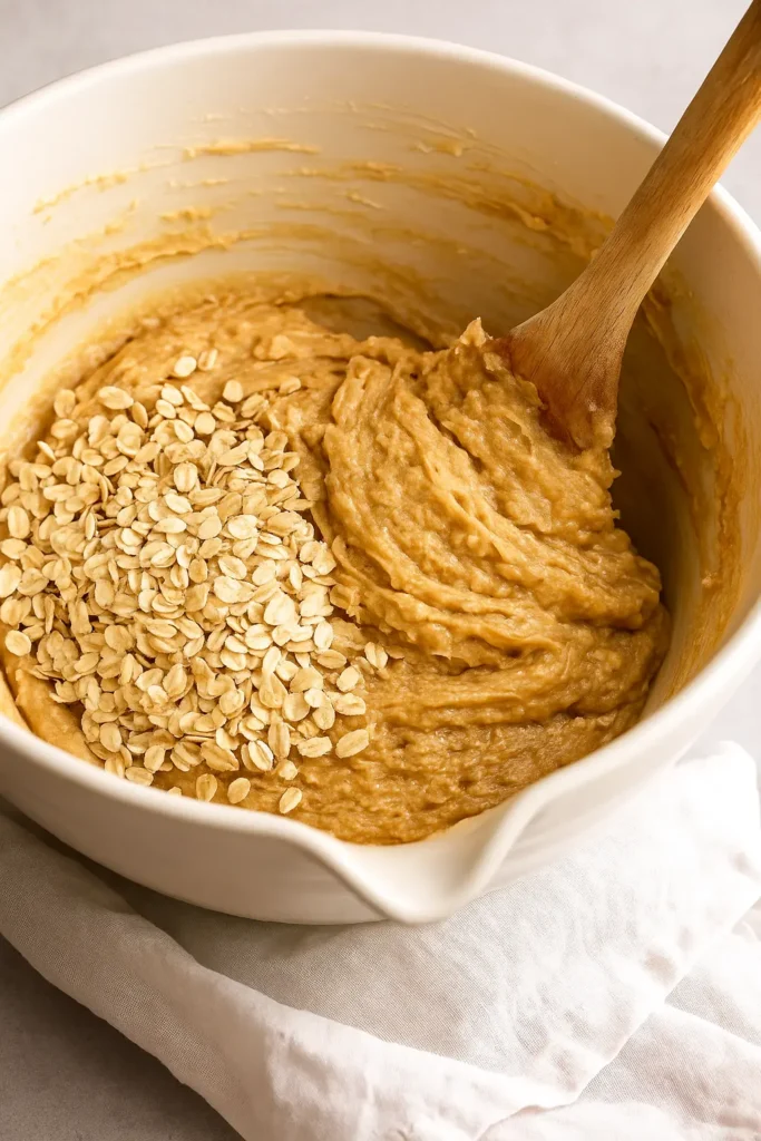 Mixing oatmeal cookie dough with rolled oats in a white mixing bowl using a wooden spoon.