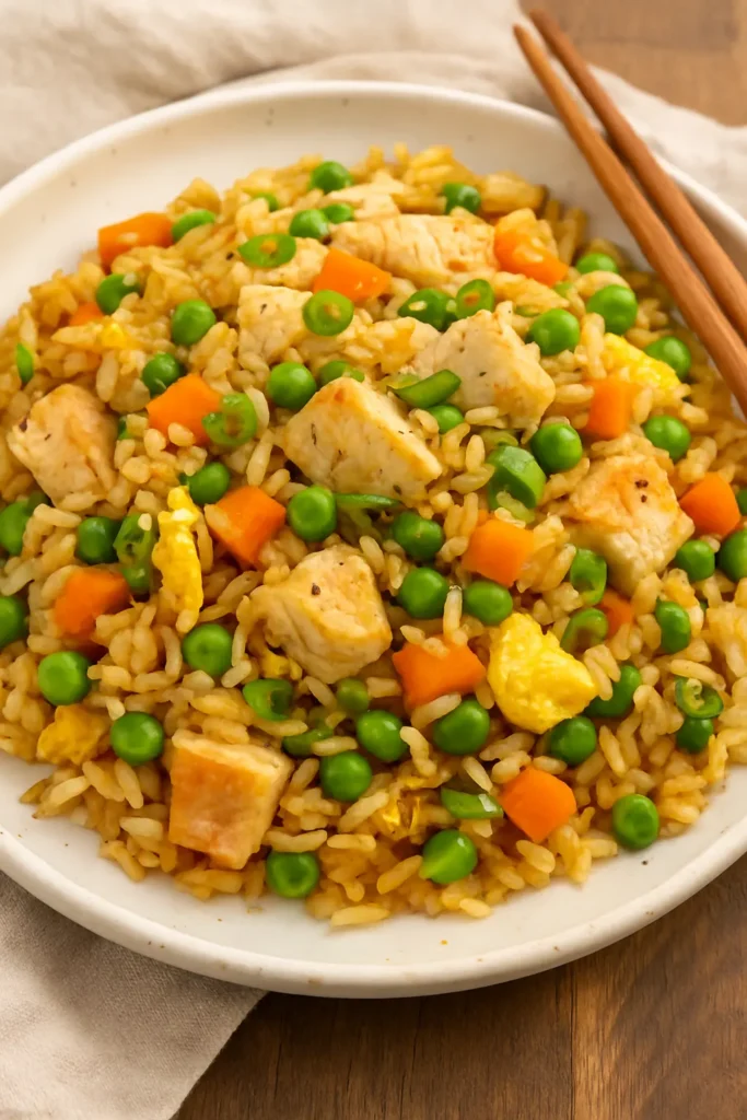 A plate of homemade chicken fried rice with green peas, diced carrots, scrambled eggs, and tender chicken bites, served with chopsticks.