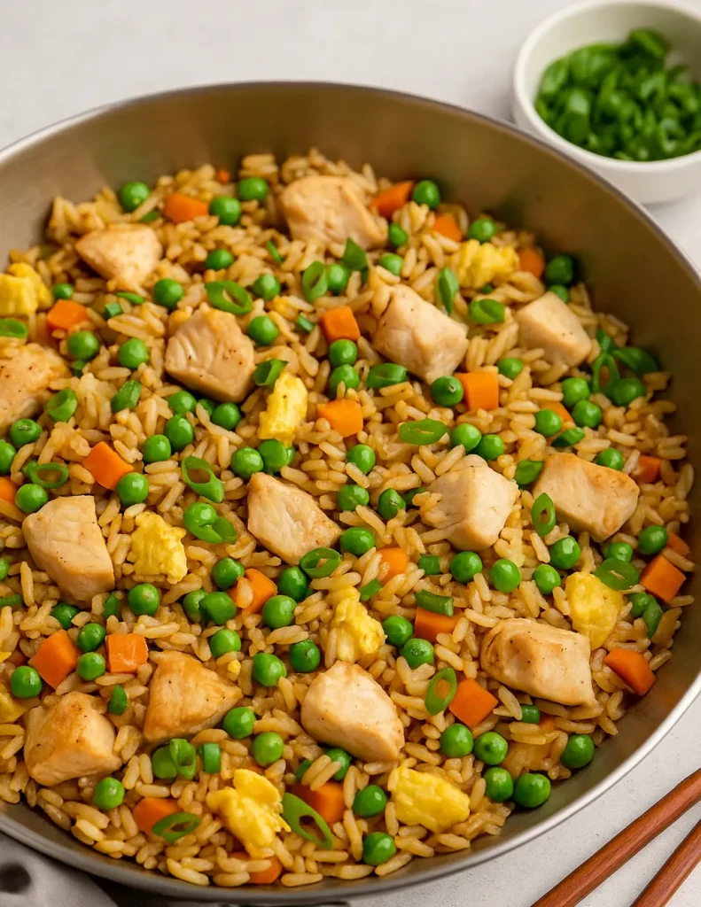 A skillet filled with chicken fried rice, featuring golden rice, green peas, diced carrots, scrambled eggs, and chunks of cooked chicken.