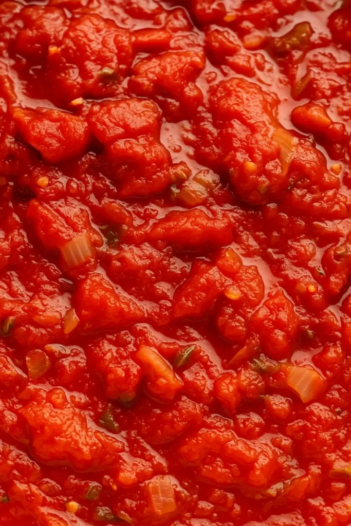Close-up of chunky stewed tomatoes with onion and herbs in a rich tomato sauce.