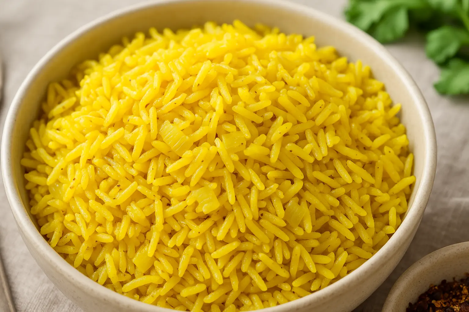 Close-up of fluffy homemade yellow rice in a white bowl, garnished with sautéed onions.