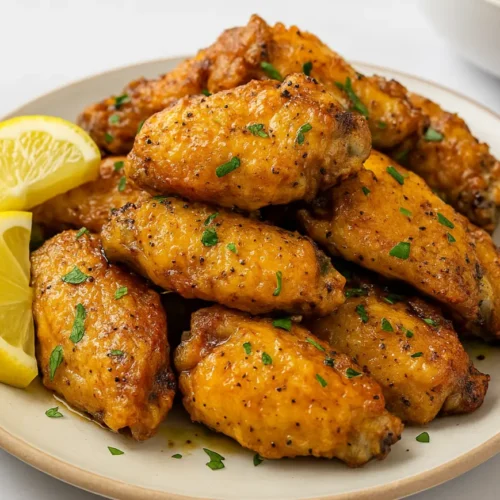 A plate of crispy baked lemon pepper chicken wings garnished with chopped parsley and served with lemon wedges.