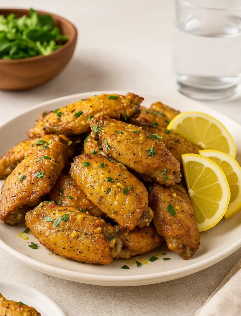 Plate of crispy lemon pepper chicken wings garnished with parsley and lemon slices, served with a glass of water and salad in the background.
