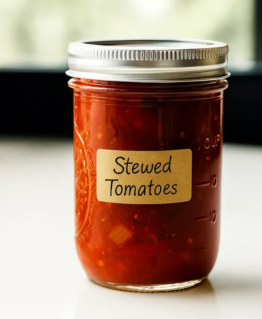 A clear mason jar filled with homemade stewed tomatoes, sealed with a silver lid and labeled “Stewed Tomatoes,” sitting on a white countertop.