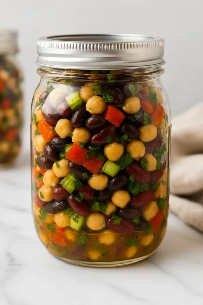 Dense bean salad with chickpeas, black beans, red bell pepper, cucumber, and parsley stored in a clear mason jar with vinaigrette.