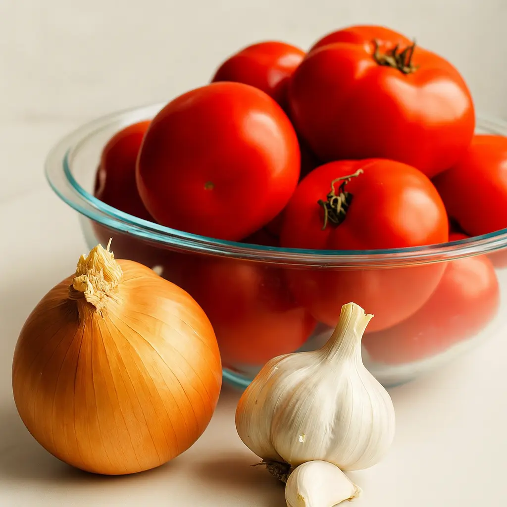 Fresh tomatoes in a glass bowl with a whole onion and garlic on a kitchen counter.