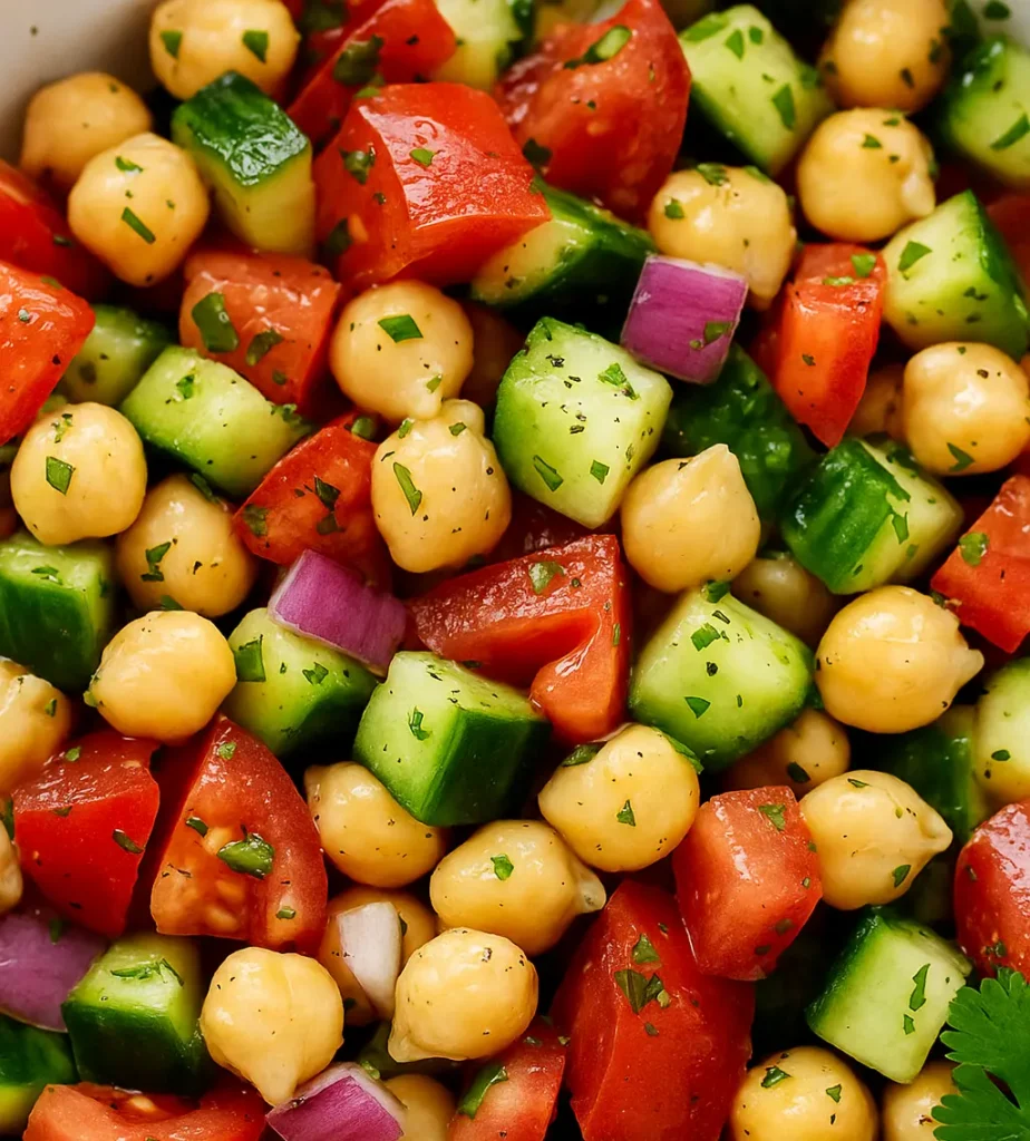 Close-up of chickpea salad with cucumber, tomato, red onion, and parsley in a light dressing