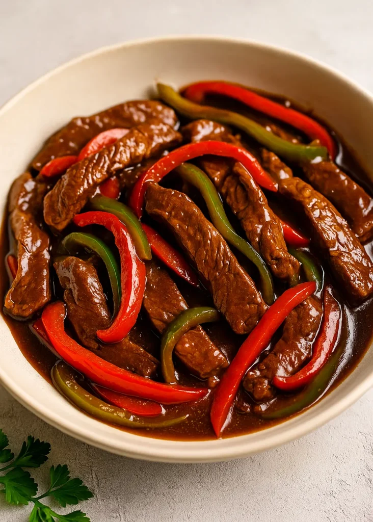 Cooked pepper steak with red and green bell peppers in a rich brown sauce served in a white bowl on a light background.