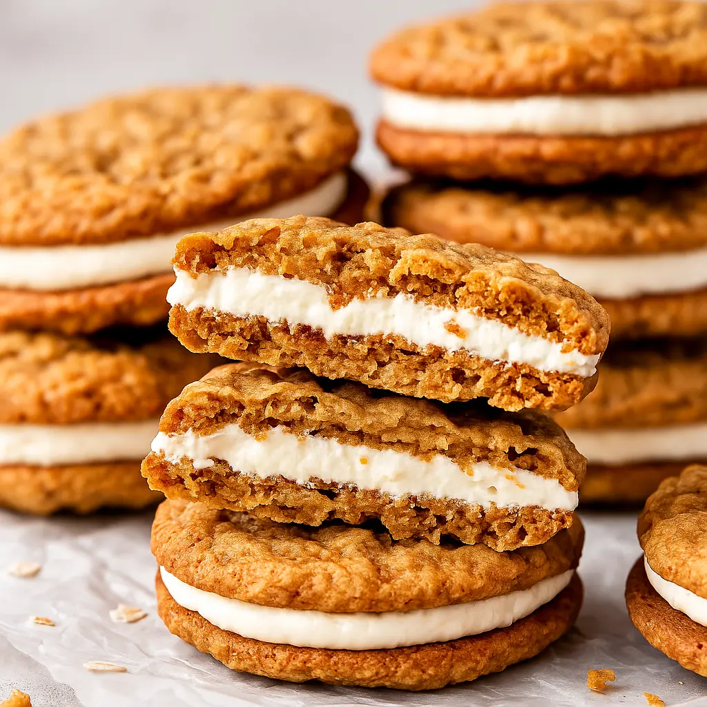 Close-up of homemade oatmeal cream pies with creamy vanilla filling, one broken in half to show soft texture.