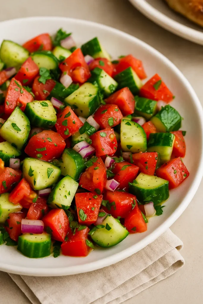 Chopped cucumber and tomato salad with red onion and fresh herbs served on a white plate.