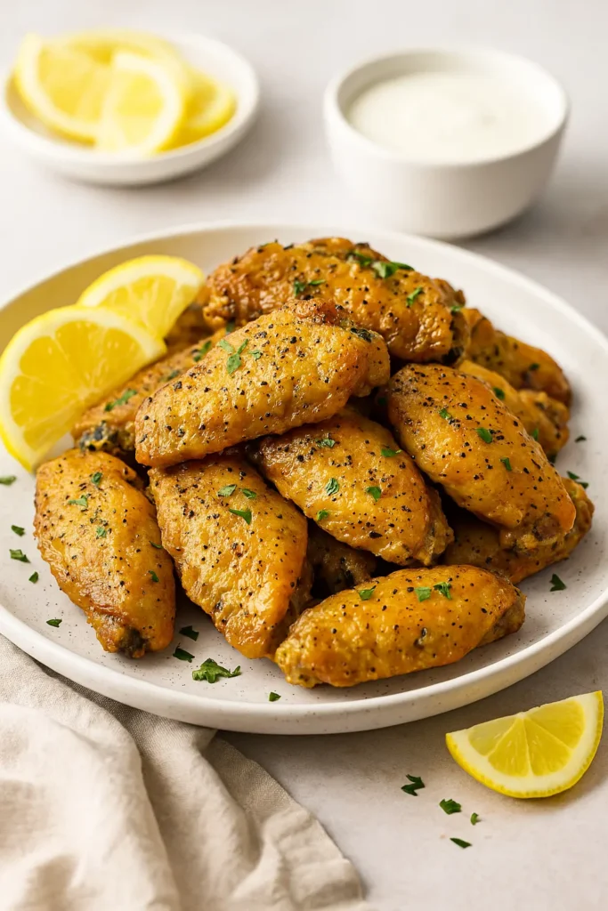 Plate of crispy lemon pepper chicken wings garnished with parsley and lemon slices, served with dipping sauce in the background.
