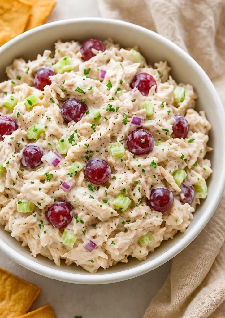 Bowl of creamy chicken salad made with red grapes, celery, red onion, and chopped parsley, placed on a light surface with a beige napkin.