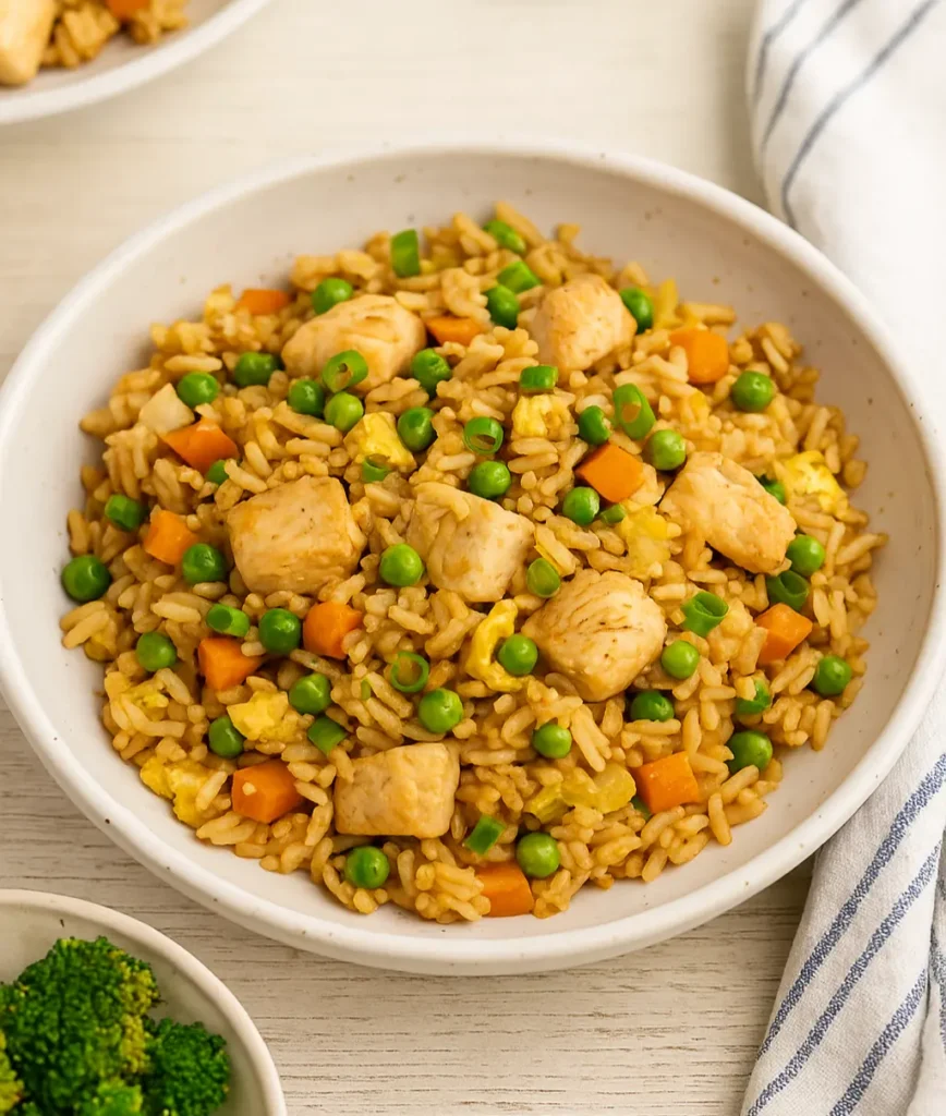 A white bowl filled with homemade chicken fried rice, featuring golden rice, peas, carrots, scrambled egg, and tender chicken pieces.