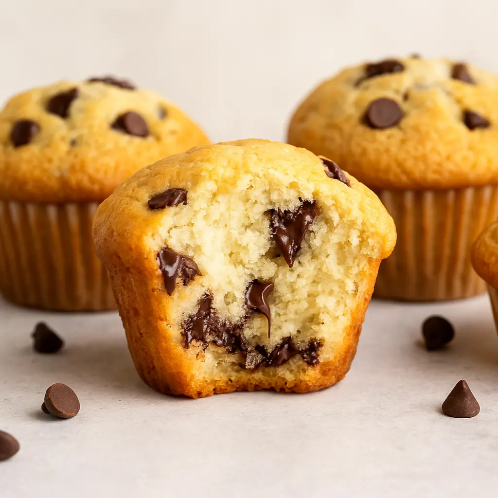 Close-up of a chocolate chip muffin with a bite taken out, revealing a moist and fluffy center filled with melted chocolate chips.