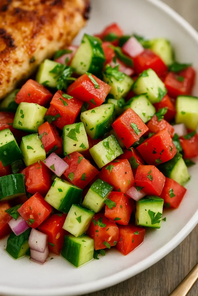 Diced cucumber and tomato salad with red onion and parsley, served alongside a golden seared piece of chicken.