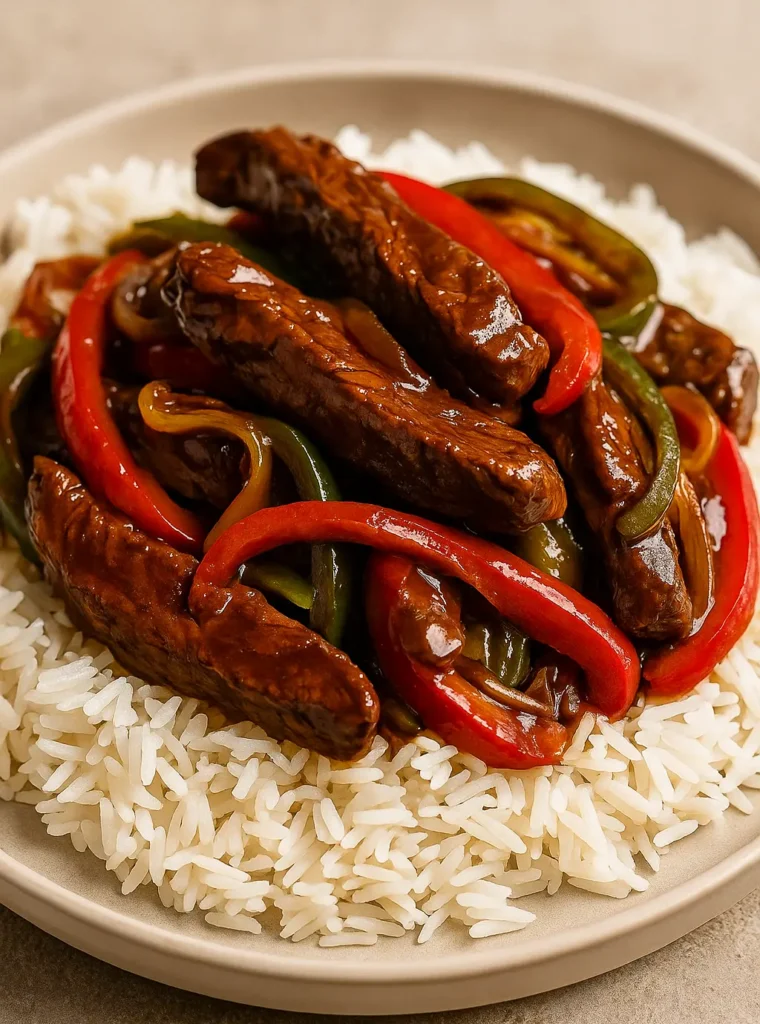 Beef pepper steak recipe with red and green bell peppers in savory sauce, served over a bed of white rice on a beige plate.