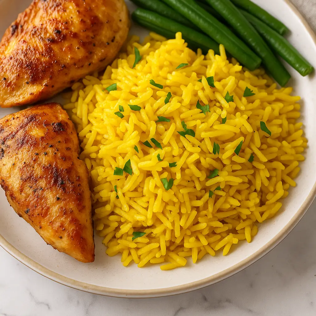 Plate of yellow rice with parsley, served with roasted chicken breasts and green beans.