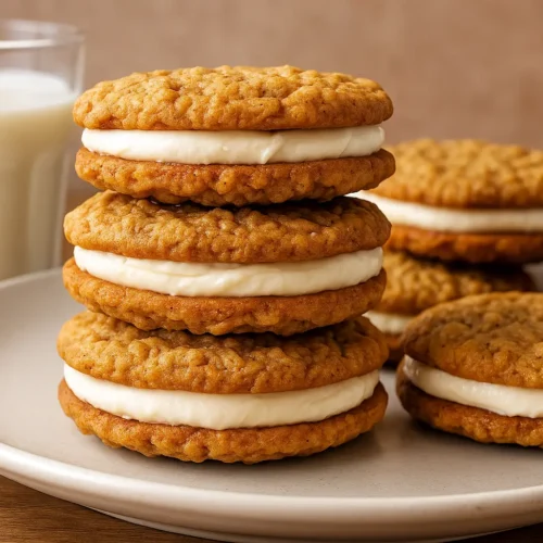 Stack of homemade oatmeal cream pies on a plate with a glass of milk in the background.