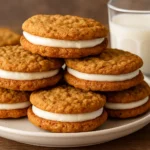 Homemade oatmeal cream pies stacked on a plate with a glass of milk in the background.
