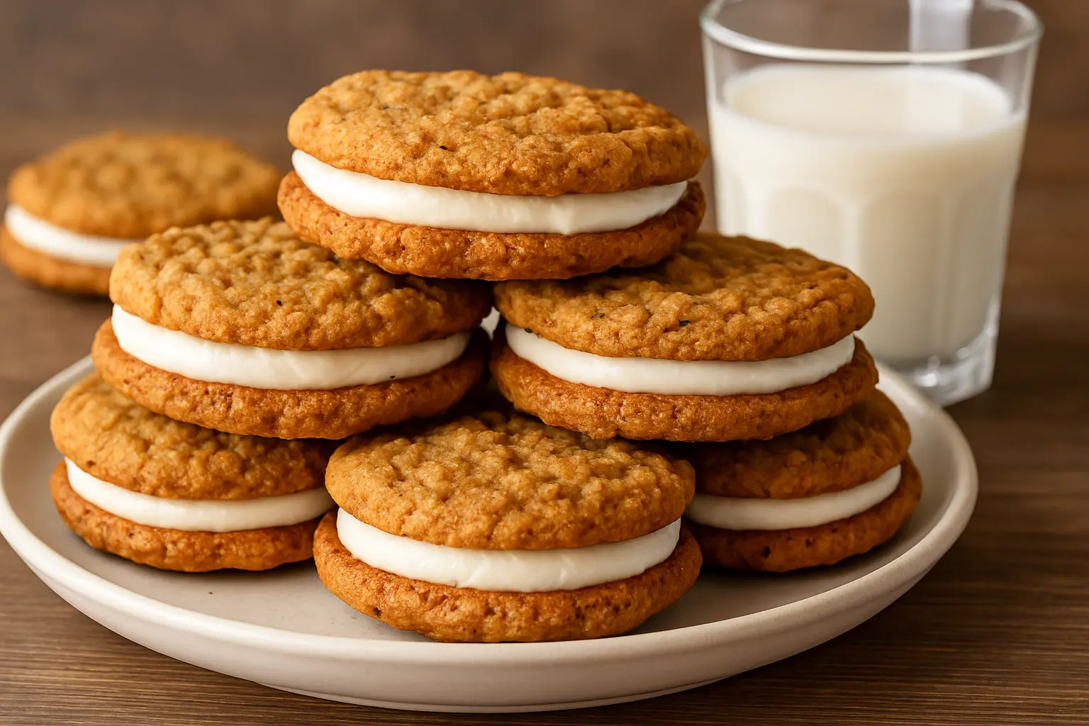 Homemade oatmeal cream pies stacked on a plate with a glass of milk in the background.
