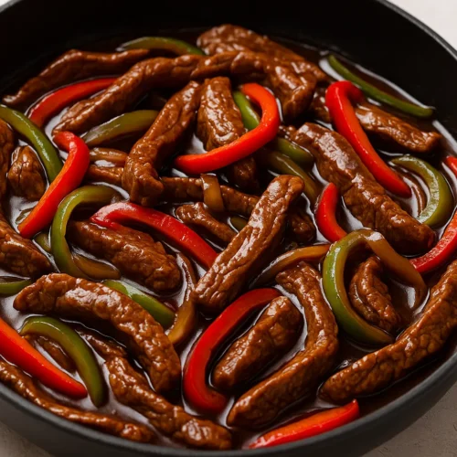 Sliced beef strips with red and green bell peppers in a glossy stir-fry sauce, served hot in a black skillet.