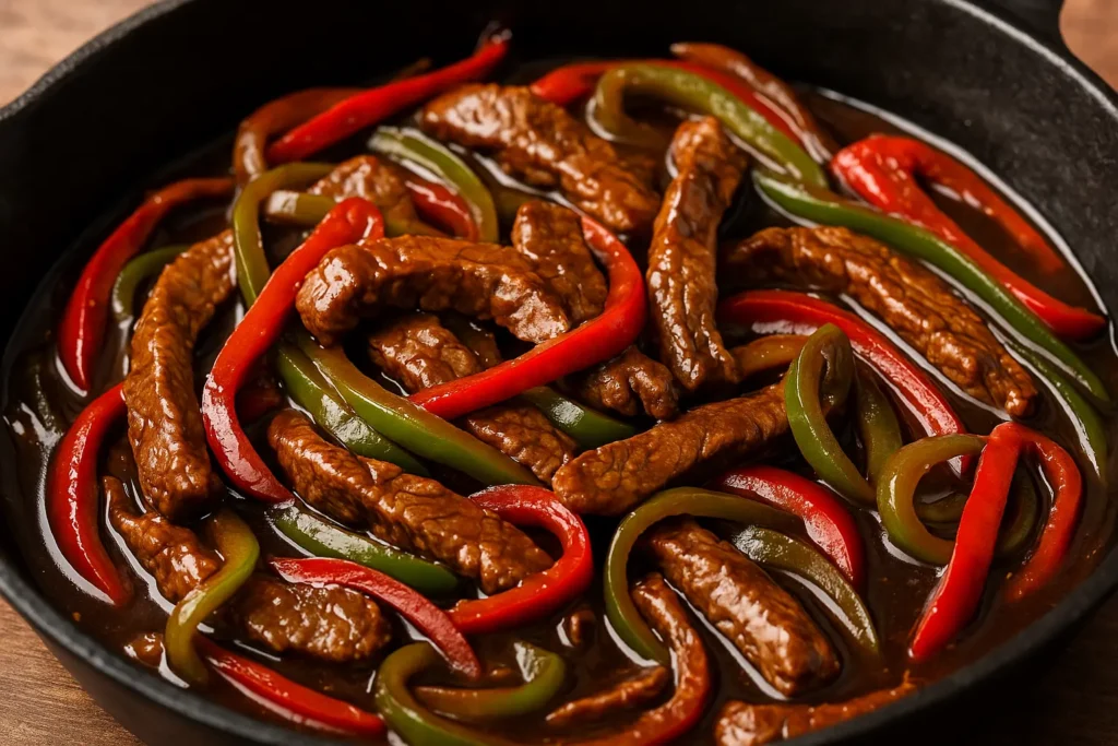 Close-up of homemade pepper steak with tender beef strips, red and green bell peppers in a savory sauce, served in a skillet.