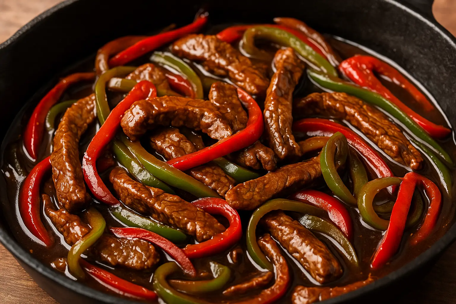 Close-up of homemade pepper steak with tender beef strips, red and green bell peppers in a savory sauce, served in a skillet.