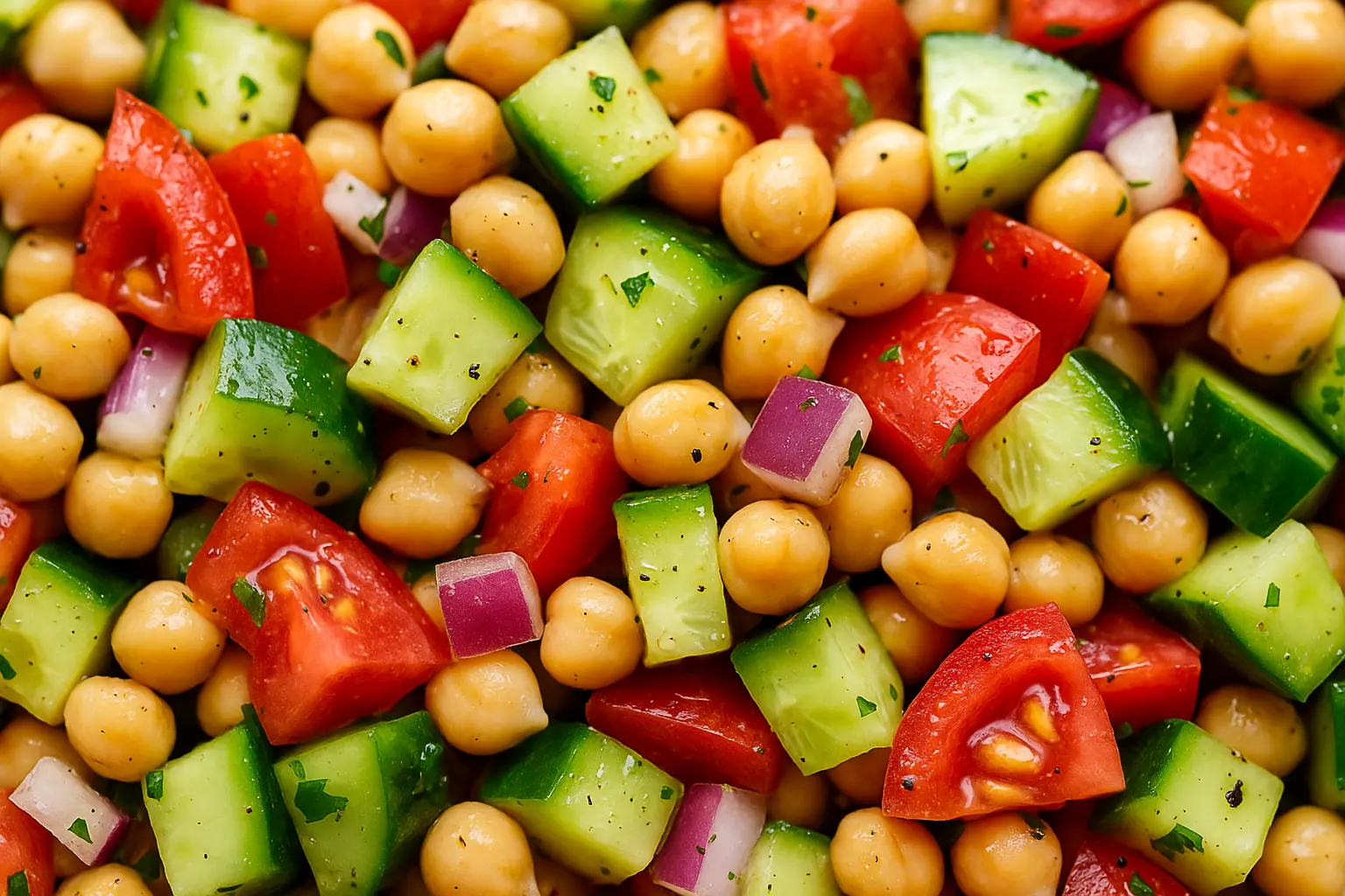 Fresh chickpea salad with cucumber, tomato, red onion, and herbs tossed in a light dressing