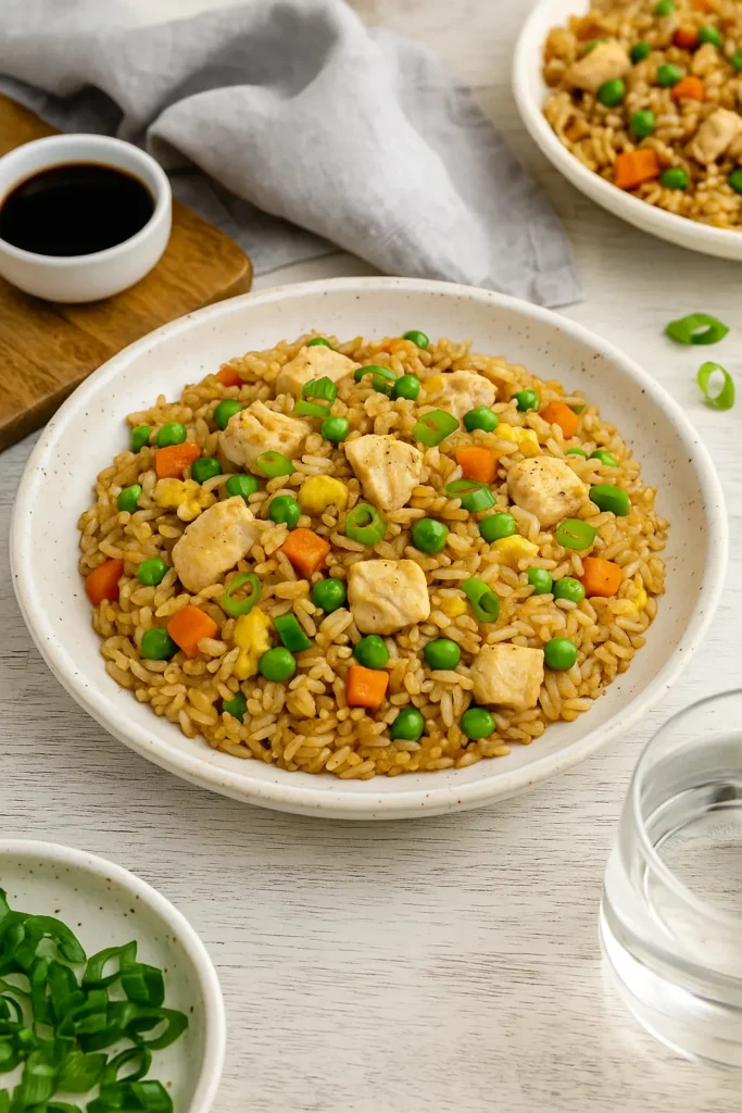 A serving of chicken fried rice in a white bowl, featuring chicken, peas, carrots, green onions, and scrambled egg, with soy sauce and green onion garnish nearby.