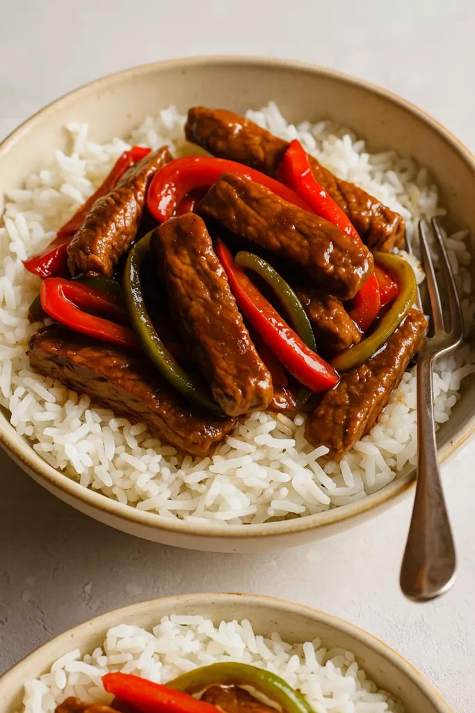 Bowl of white rice topped with pepper steak, red and green bell peppers, and savory sauce, served with a fork on the side.