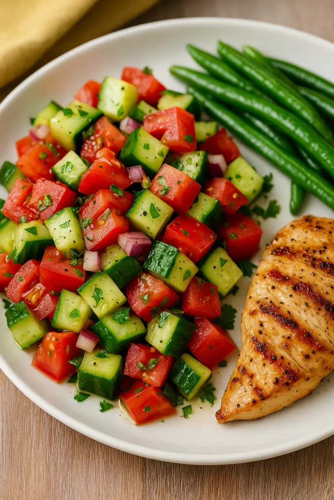 Cucumber and tomato salad served with grilled chicken breast and green beans on a white plate.