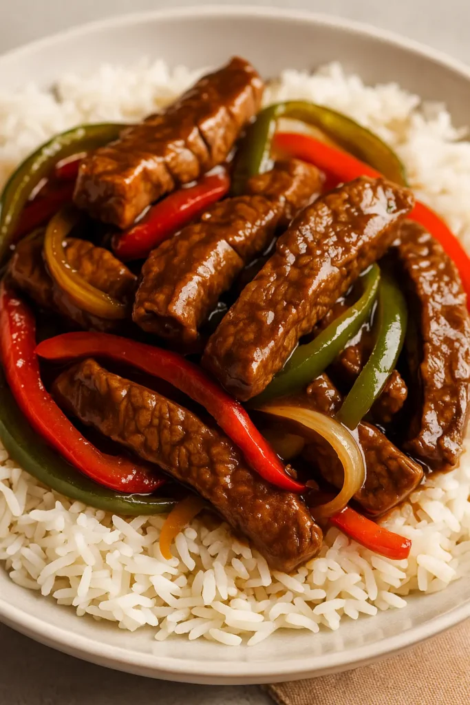 Pepper steak served on a bed of white rice with red and green bell peppers in a glossy brown sauce on a beige plate.