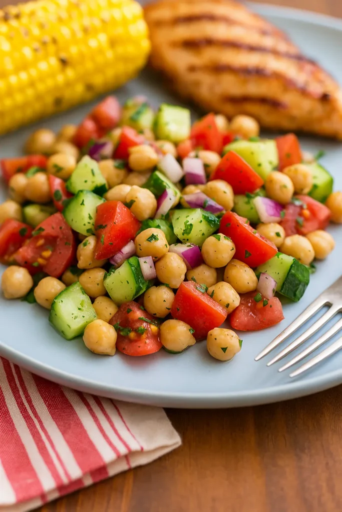 Chickpea salad served on a plate with grilled chicken and corn on the cob
